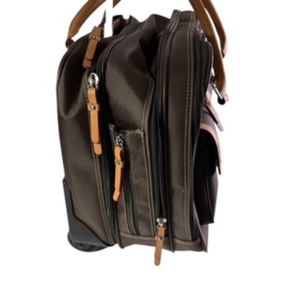 NWT Franklin Covey Morgan Triple Gusset Wheeled Canvas Case Brown/Tan - Picture 3 of 13